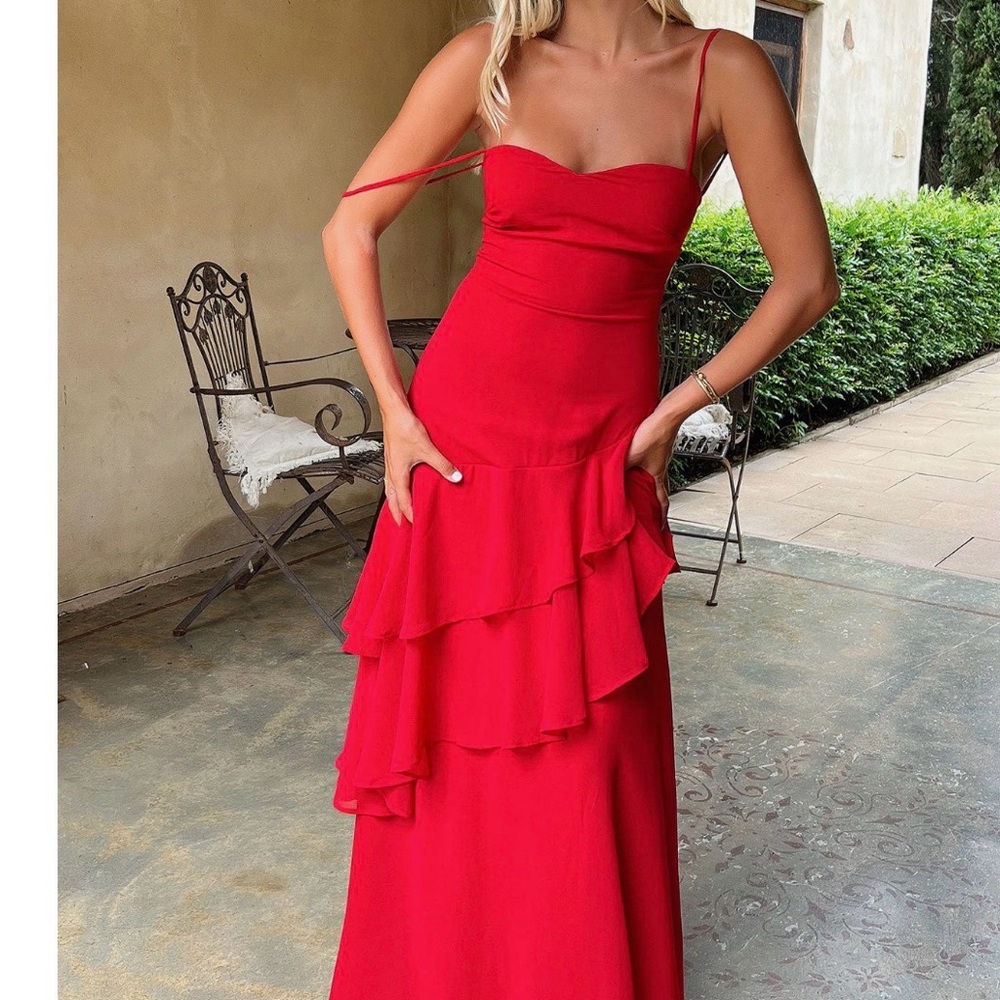Sleeveless Red Ruffle Maxi Dress with Spaghetti Straps